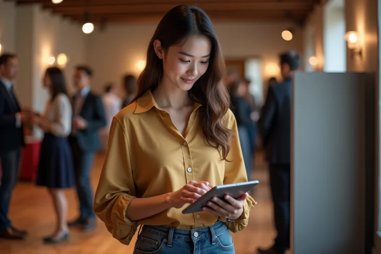 Jeune femme examine une tablette lors d'un événement intérieur