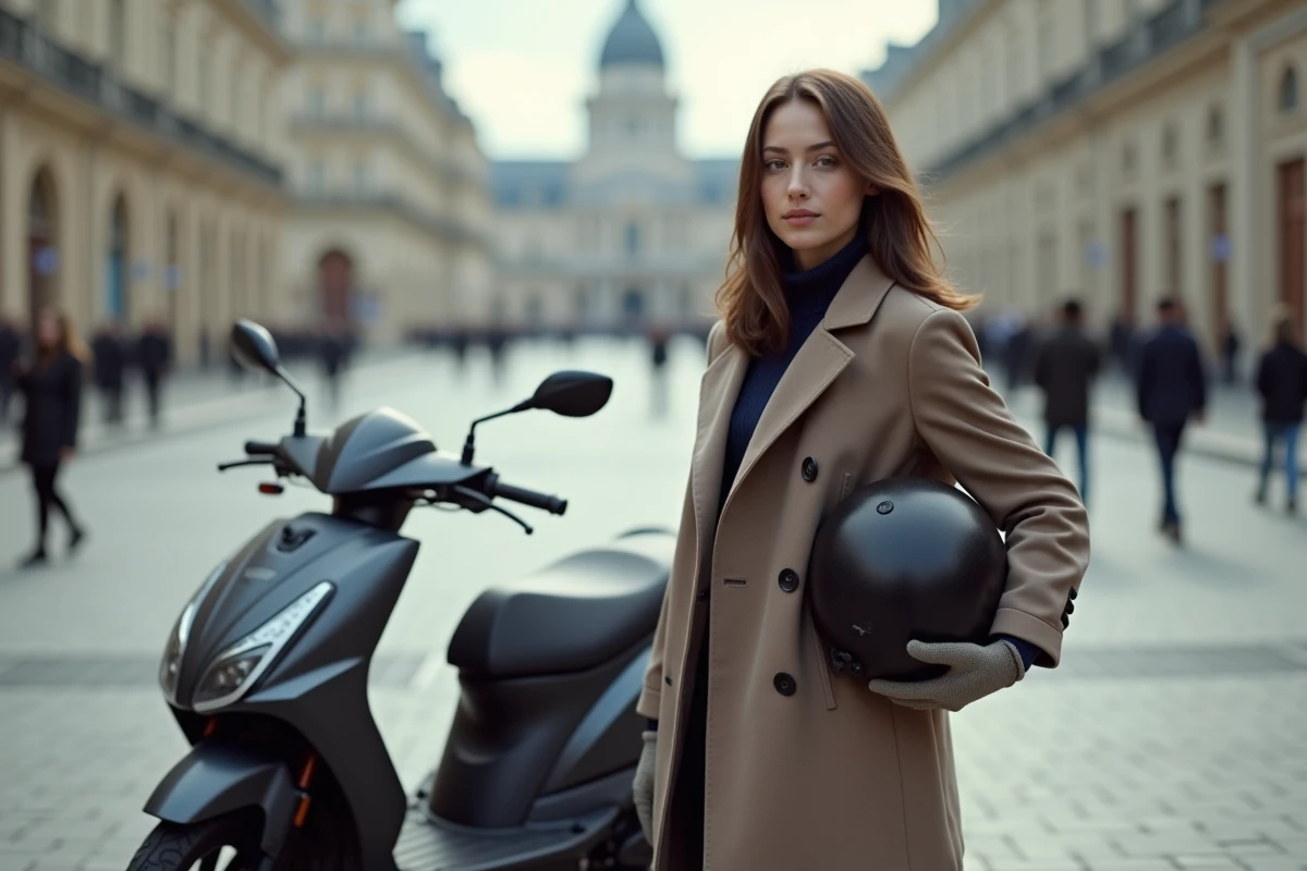 Jeune femme avec casque à côté de Yamaha Niken en ville