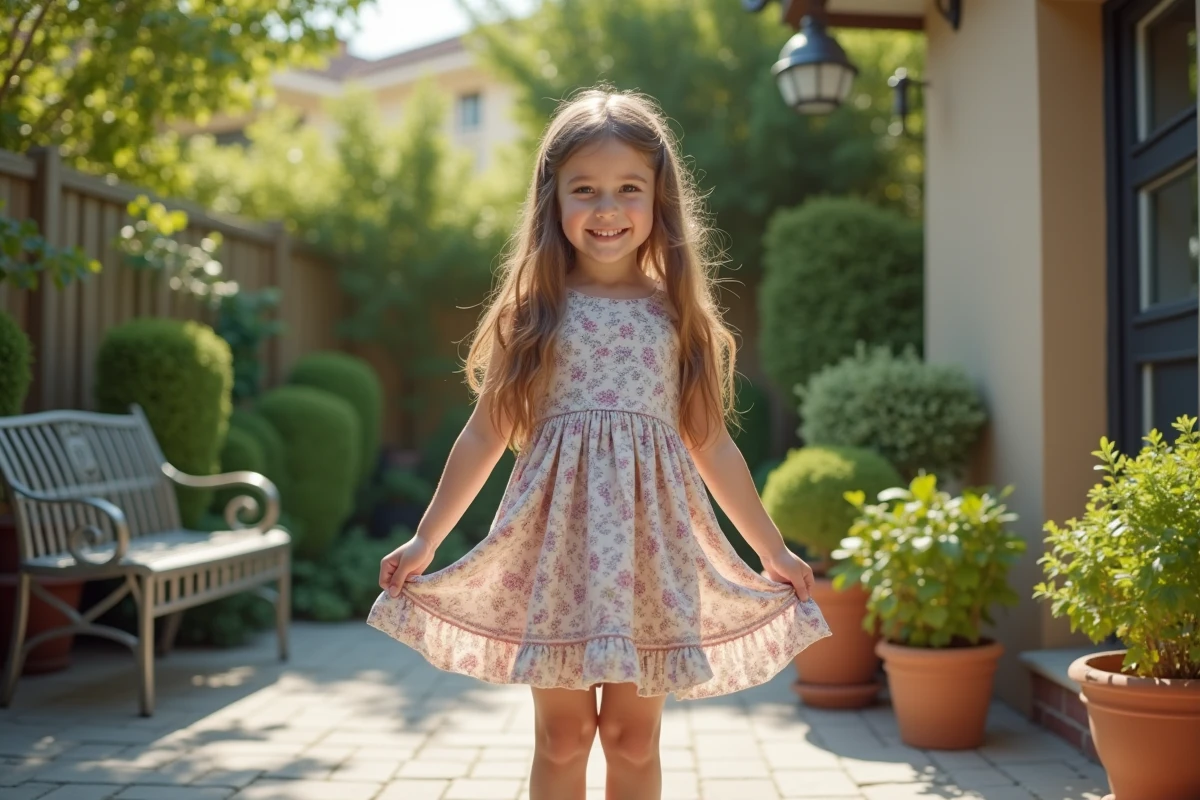 Jeune fille dans un jardin montrant sa robe modifiée