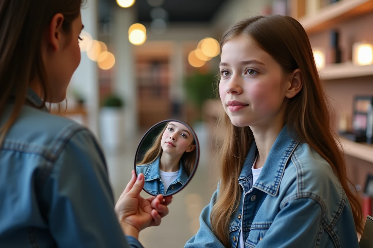 Jeune fille regardant son reflet avec une conseillère maquillage