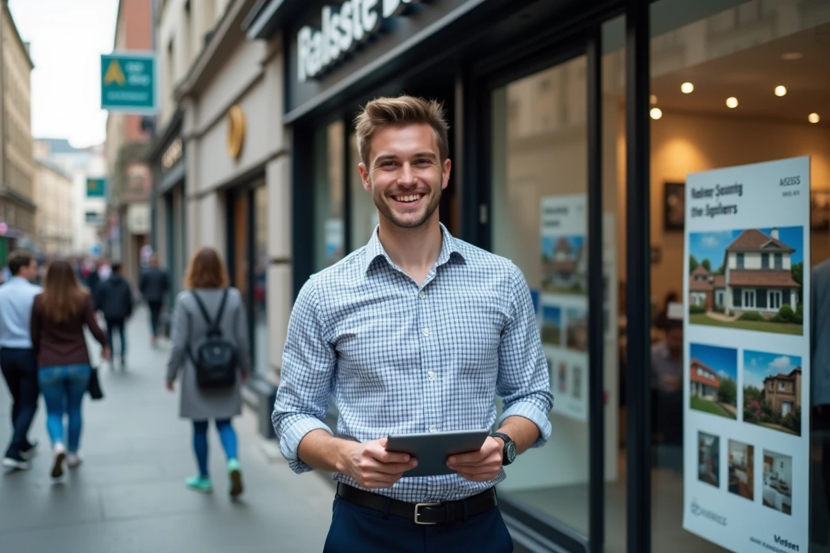 Jeune homme en extérieur avec tablette devant agence immobiliere