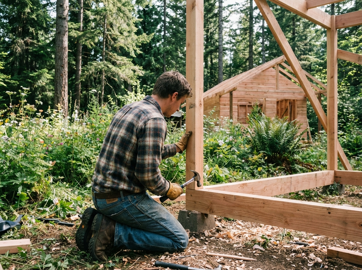 Jeune homme construisant une cabane en bois dans le jardin