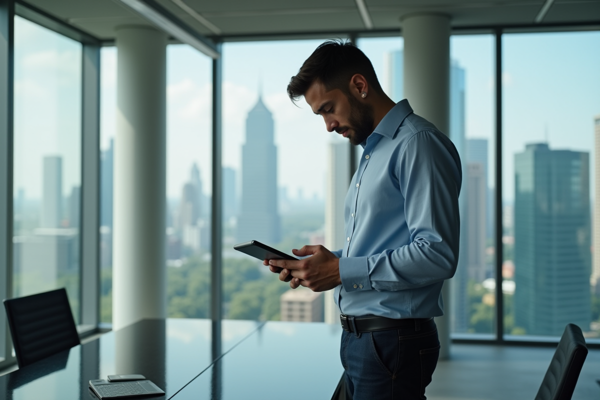 Jeune homme d affaires vérifiant son compte energie sur tablette