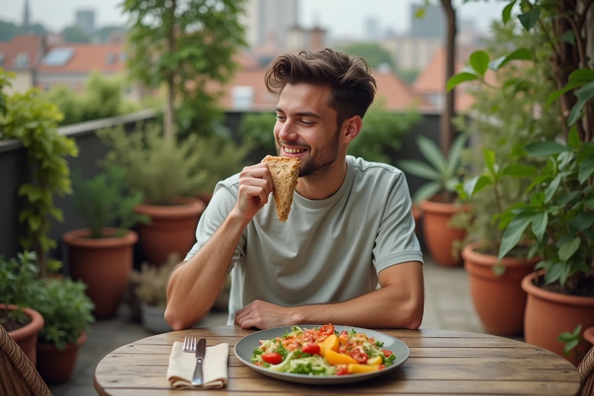 Jeune homme dégustant un plat coloré en terrasse urbaine