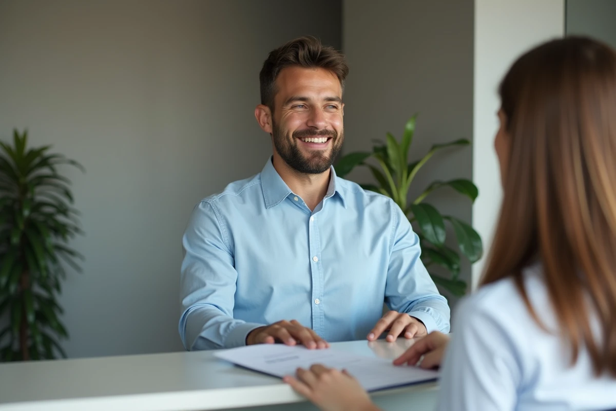 Jeune homme remettant un formulaire à un professionnel dans un bureau