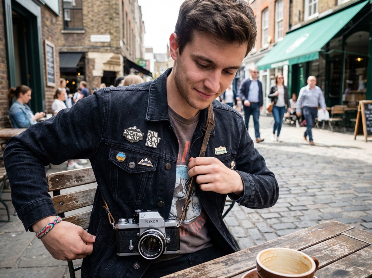 Jeune homme avec appareil photo vintage dans un café urbain