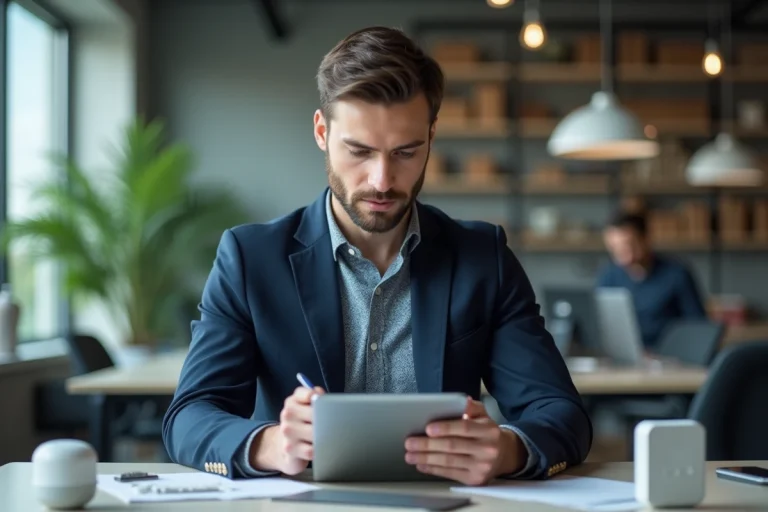 Jeune homme en costume travaillant sur une tablette moderne