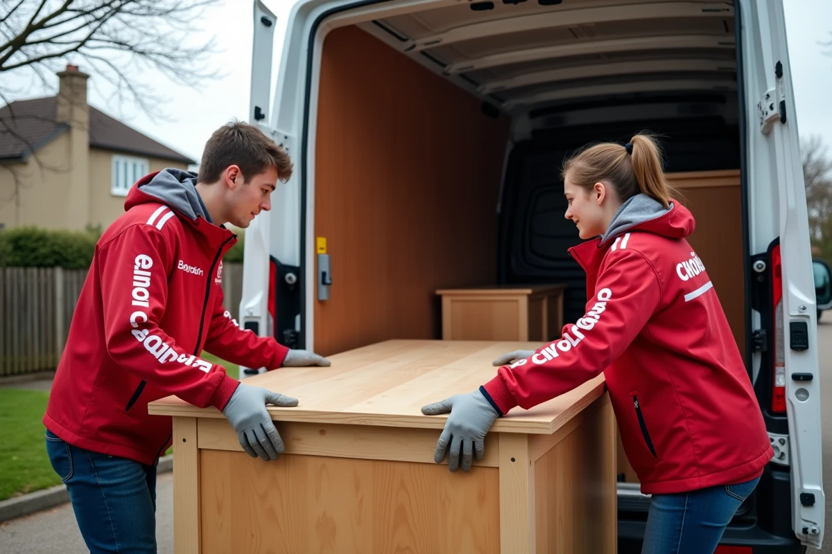 Jeunes volontaires CroixRouge chargeant une table en extérieur