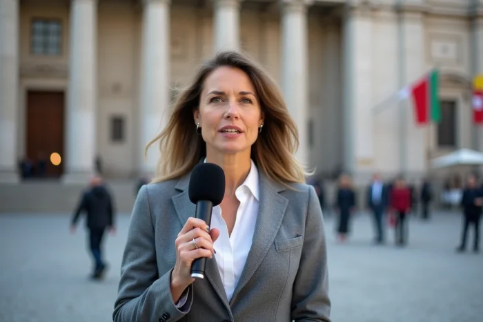 Journaliste politique féminine en direct devant le parlement pour couvrir les tendances politiques 2024