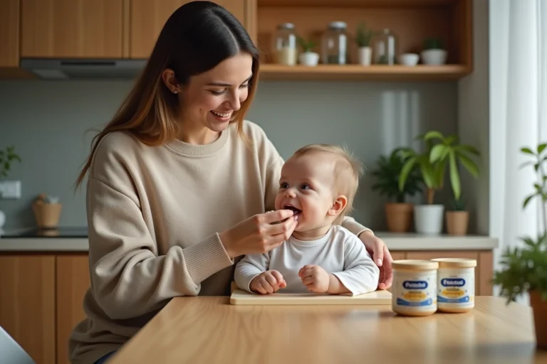 Jeune maman nourrissant son bébé dans la cuisine chaleureuse