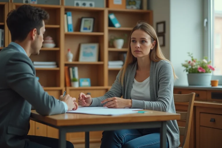 Maman attentive lors d'un entretien scolaire