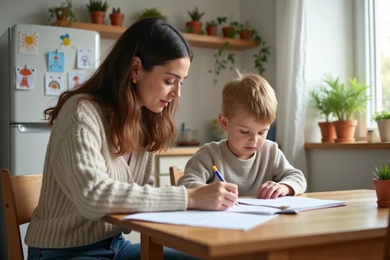 Femme aidant son enfant avec ses devoirs à la maison