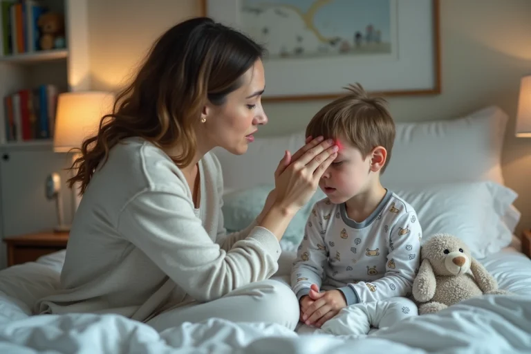 Maman inquiète touche le front de son enfant malade