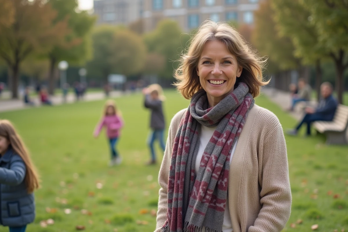 Mère souriante regardant ses filles jouer dans un parc