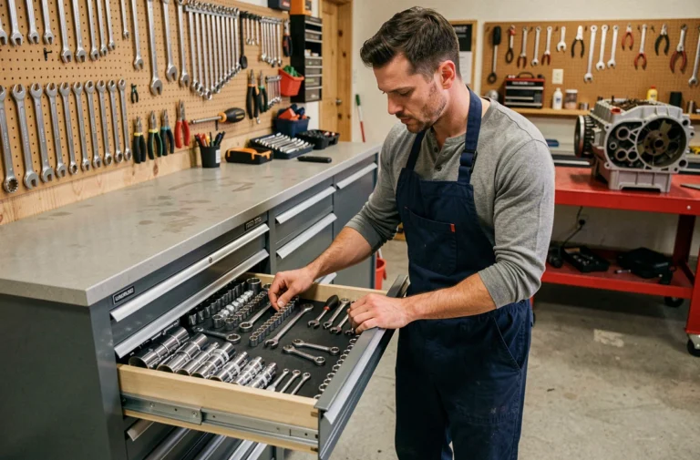 Mécanicien professionnel organisant ses outils dans un coffre à outils rouge dans un garage équipé