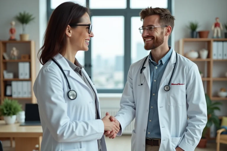 Medecin femme souriante saluant un patient dans un cabinet moderne