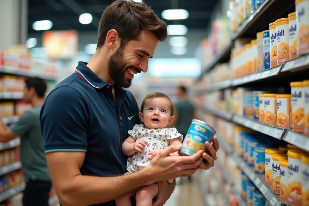 Père comparant deux boîtes de lait pour bébé en magasin