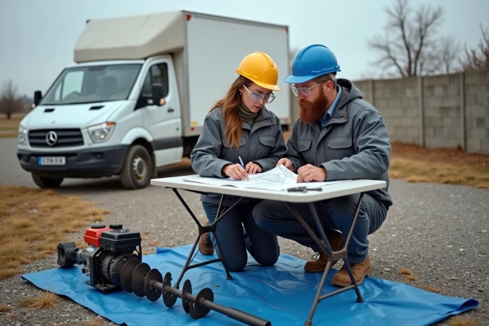 Deux personnes planifiant un forage de puits avec une tarière thermique et des plans techniques sur un chantier résidentiel
