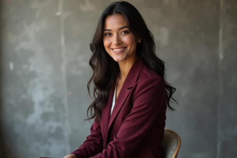 Portrait éditorial d'une actrice australienne aux origines péruviennes, portant un blazer bordeaux, dans un studio minimaliste