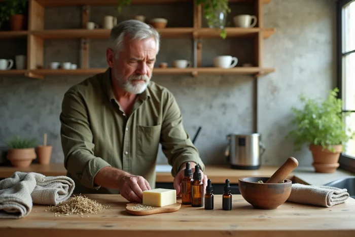 Homme arrangeant des produits de bien-être naturels incluant des huiles essentielles et du karité sur un comptoir en bois dans une cuisine chaleureuse
