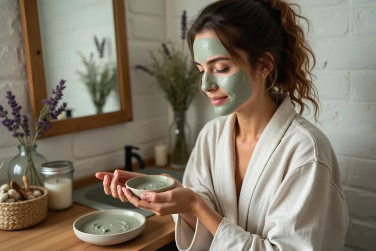 Femme appliquant un masque visage naturel à l'argile dans une salle de bain aux matériaux naturels avec des herbes et des bougies en cire d'abeille