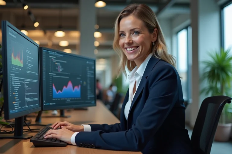 Professionnelle en entreprise utilisant des solutions informatiques innovantes sur un poste de travail moderne avec doubles écrans