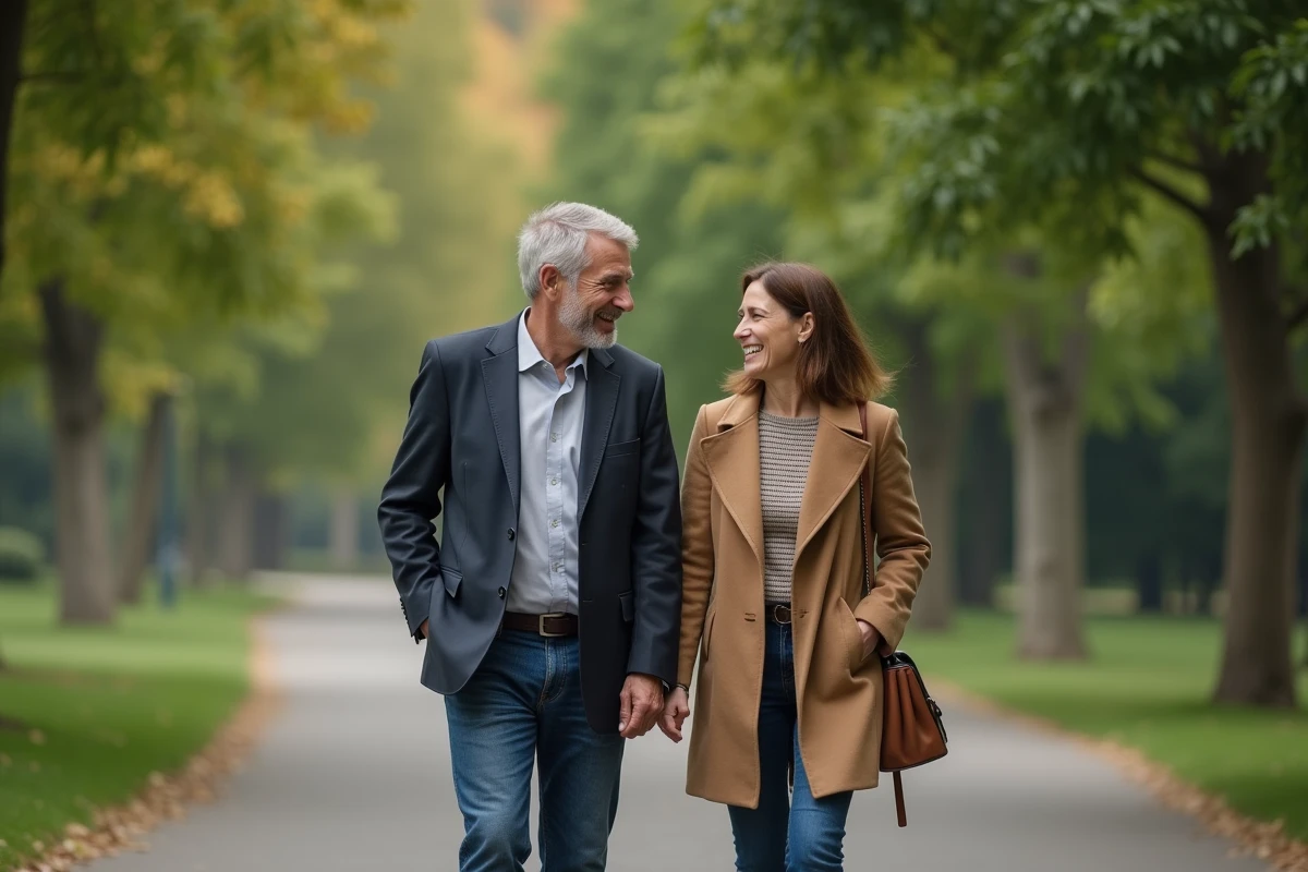 Homme et femme marchant dans un parc calme