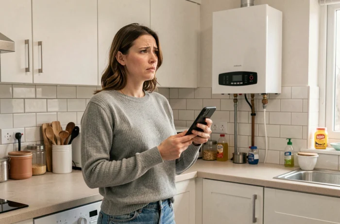 Femme inquiète au téléphone devant une chaudière bruyante dans une cuisine moderne
