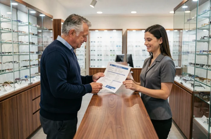 Client vérifiant ses remboursements lunettes chez un opticien agréé réseau Itelis