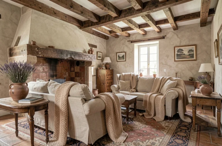 Salon de maison de campagne avec poutres apparentes, cheminée en pierre et canapé en lin décoré de plaids en maille