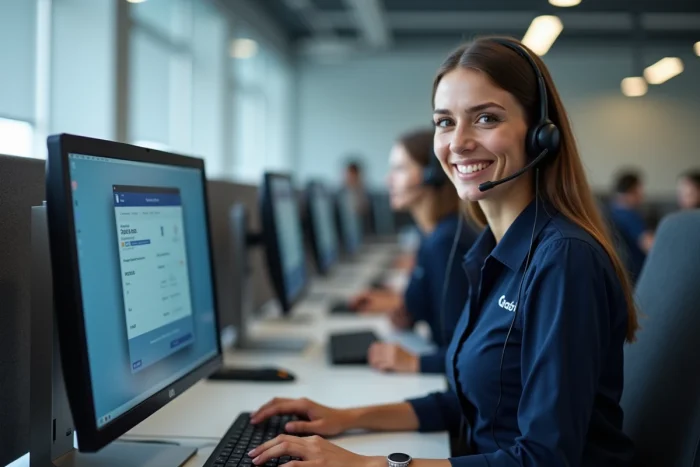Représentante du service client Securitas gérant des comptes en ligne depuis un poste de travail professionnel avec double écran