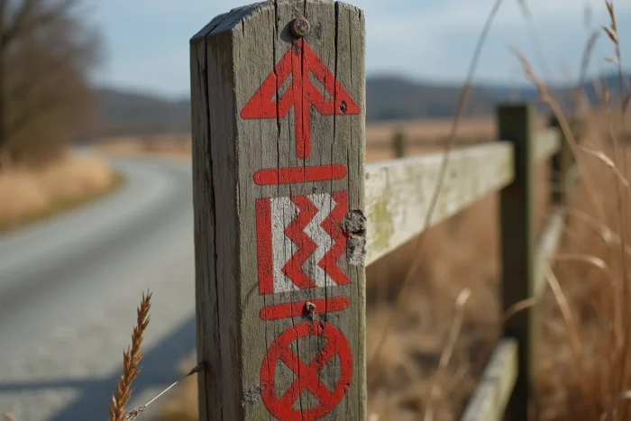 Gros plan sur des symboles manouches gravés et peints sur un poteau en bois au bord d'une route rurale en France