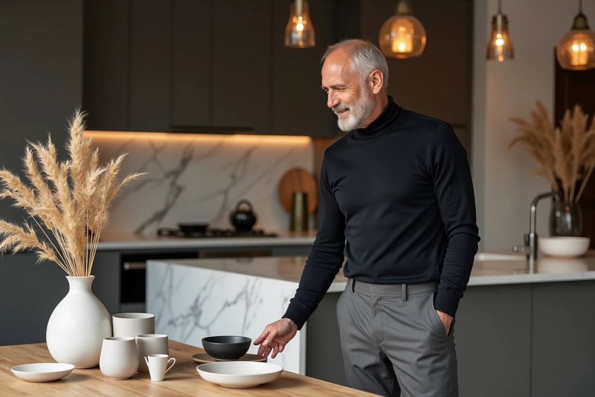 Homme en turtleneck préparant la table dans une cuisine élégante