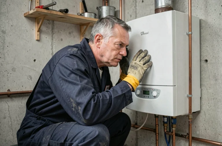 Technicien chauffagiste écoutant les bruits d'une chaudière murale dans une chaufferie