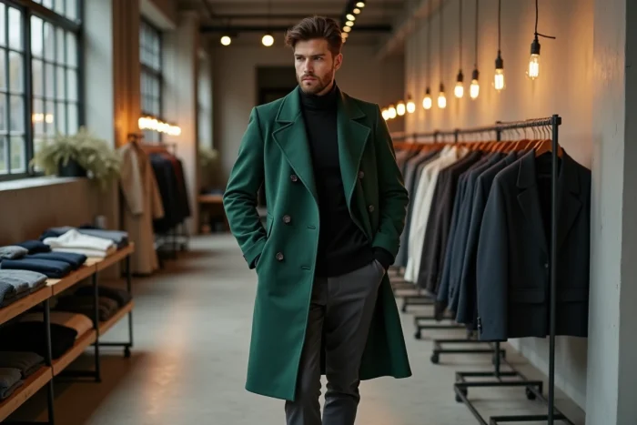 Homme tendance en manteau asymétrique vert forêt dans un concept store minimaliste, look mode automne-hiver contemporain
