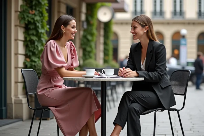 Deux femmes stylées en tenues tendance saison attablées en terrasse parisienne, robe midi rose et ensemble monochrome gris, look mode automne