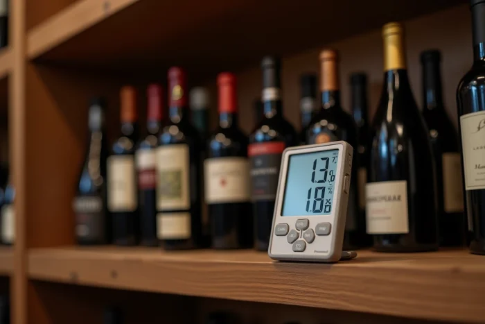 Thermomètre et hygromètre numérique affichant les conditions optimales de conservation dans une cave à vin