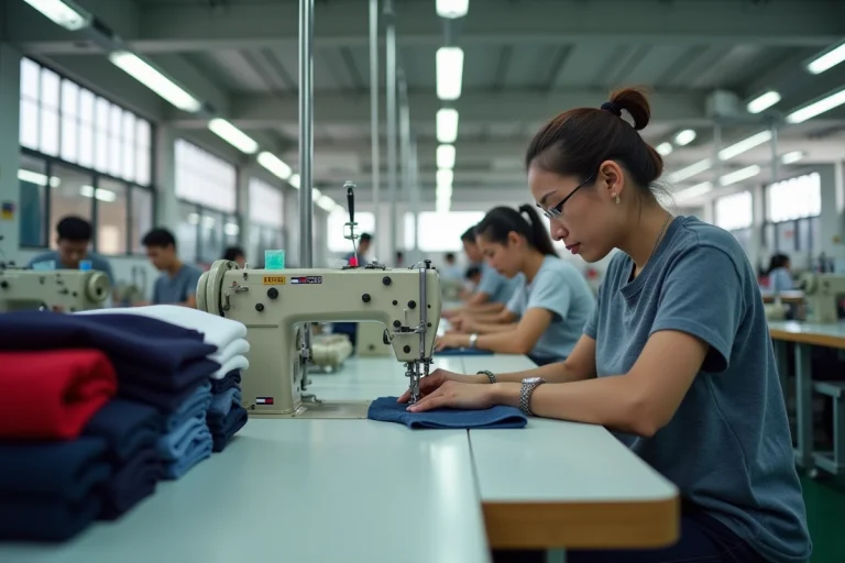 Atelier de fabrication textile en Asie du Sud-Est avec des ouvriers cousant des vêtements de style Tommy Hilfiger sur des machines industrielles