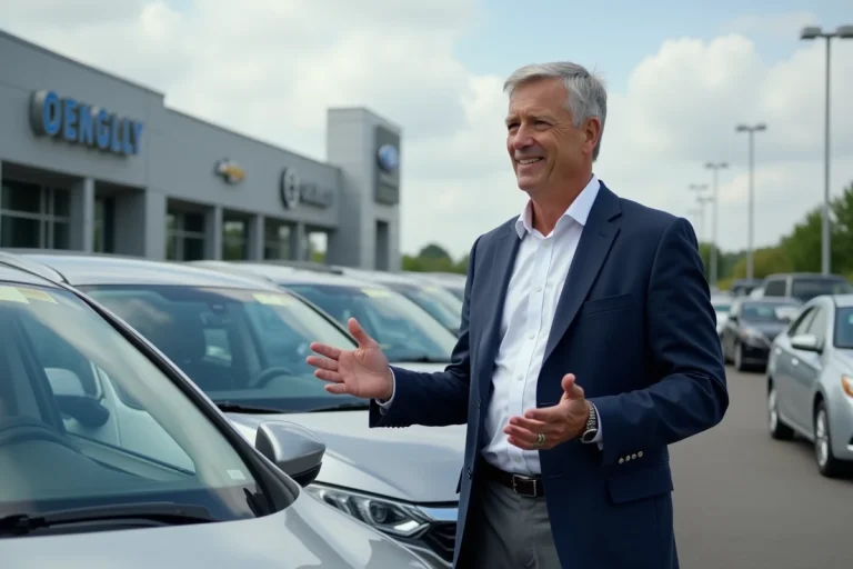 Vendeur professionnel de voitures d'occasion présentant une berline argent dans un parc automobile