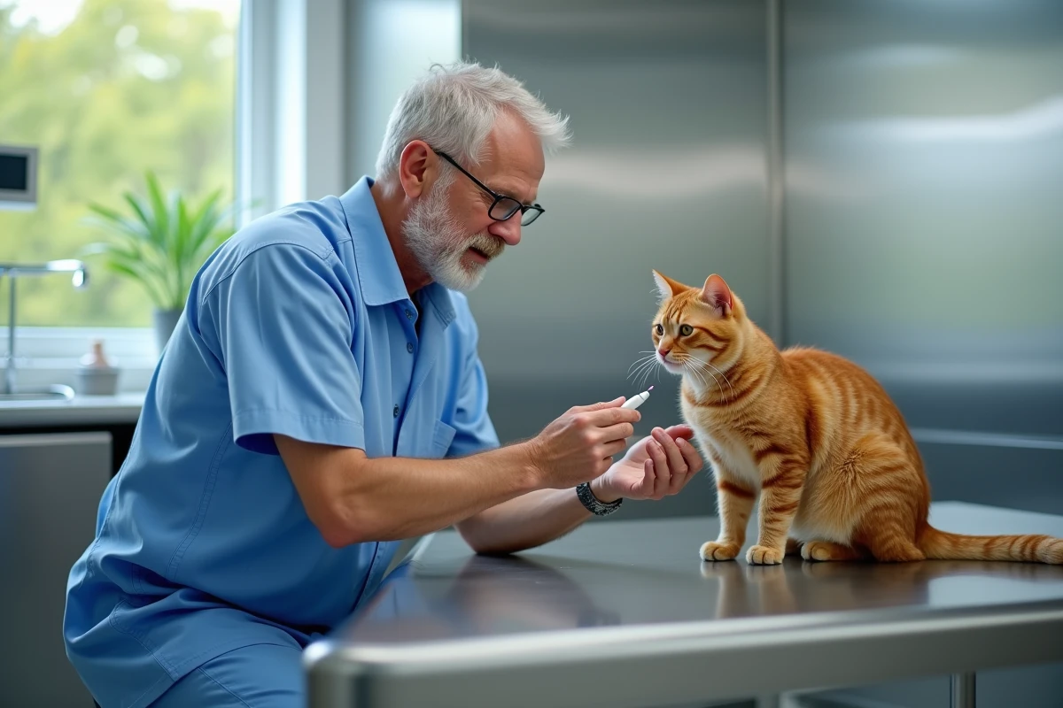 Vétérinaire vérifiant la glycémie d’un chat orange en clinique